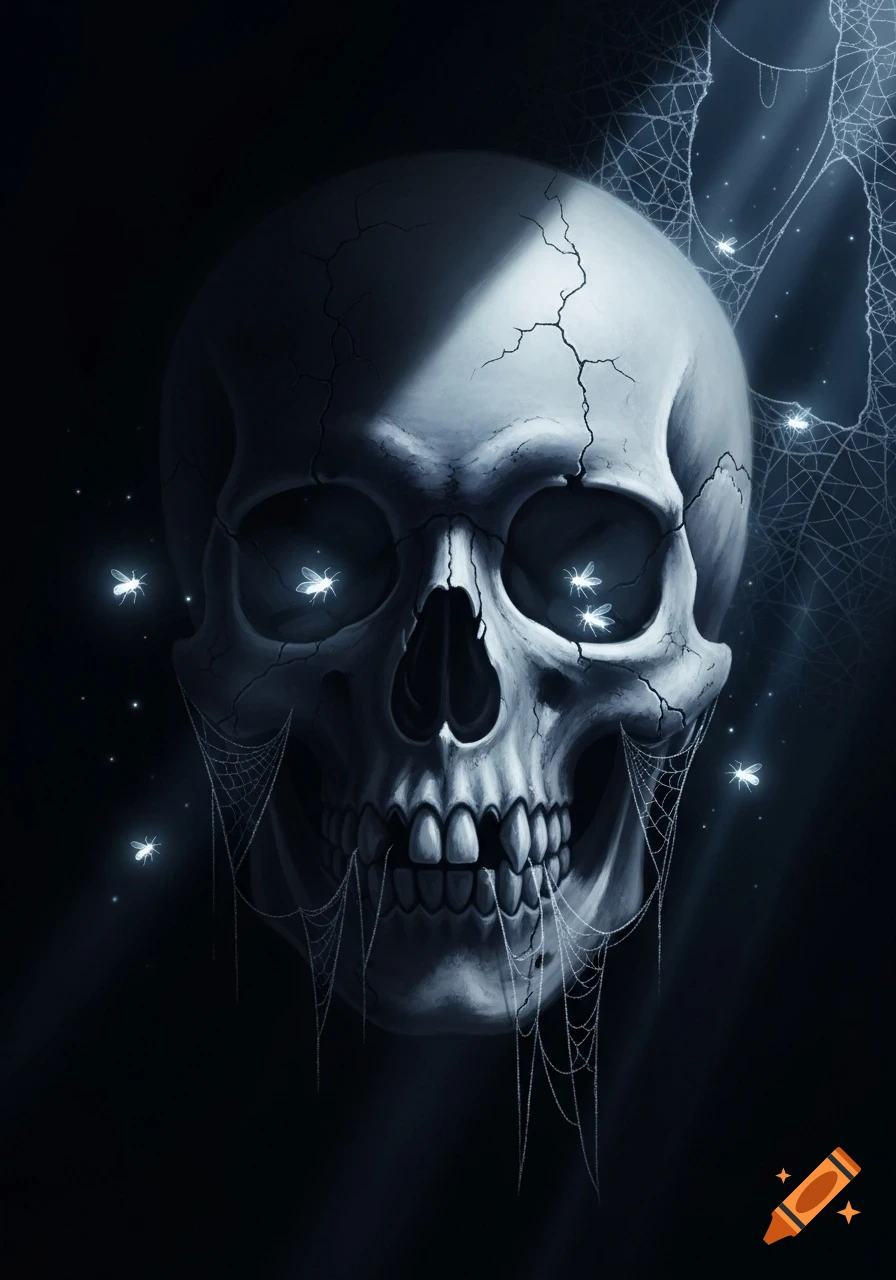 A detailed, cracked skull with glowing insects in its eye sockets and surrounded by spiderwebs, set against a dark background.