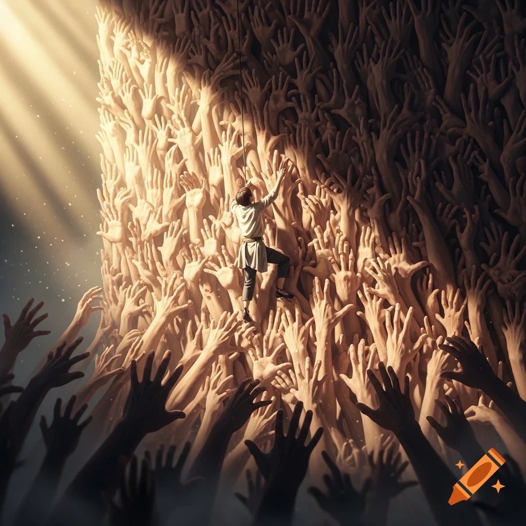 A person climbs a wall formed by countless hands reaching up, bathed in golden light from above, symbolizing support and community.