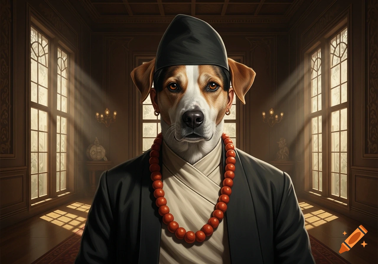 Anthropomorphic dog wearing a black cap, white traditional garment, and red beaded necklace, standing in a sunlit opulent room.