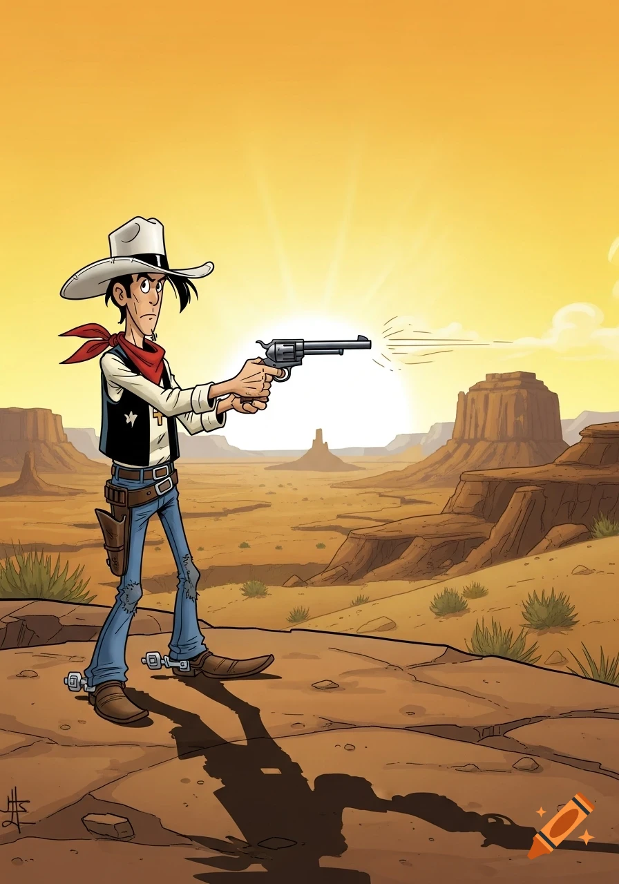 Cartoon cowboy in a desert at sunset, firing a revolver with a plume of smoke, in the style of Lucky Luke.