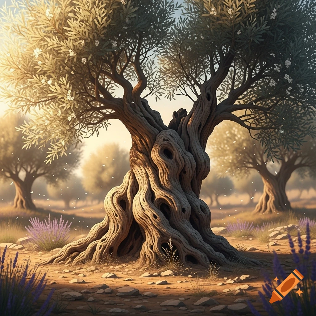 A gnarled olive tree with sunlit leaves stands in a field with lavender plants under a clear sky.