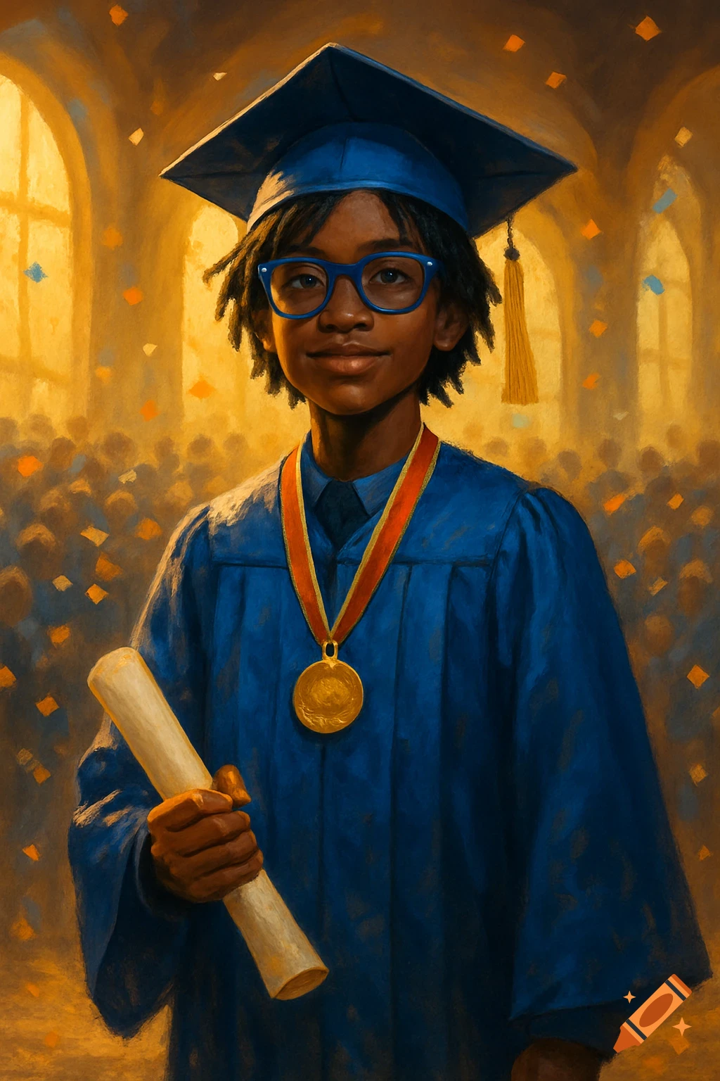A dark-skinned teenager in a blue graduation cap and gown, blue glasses, and dreadlocks, holding a rolled certificate in a golden, painterly hall.