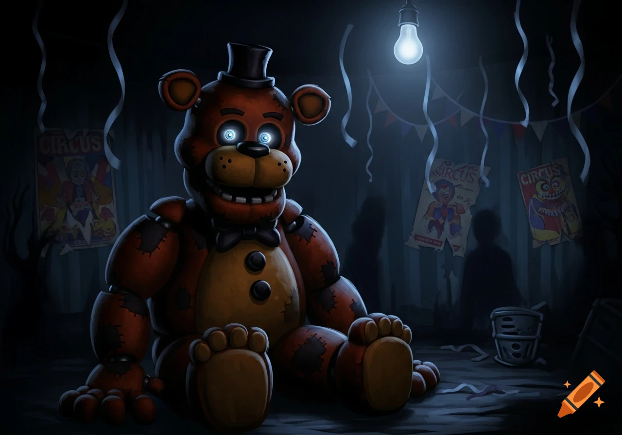 A spooky illustration of Freddy Fazbear, a brown animatronic bear, sitting in a dimly lit, abandoned circus room with glowing eyes and torn posters.