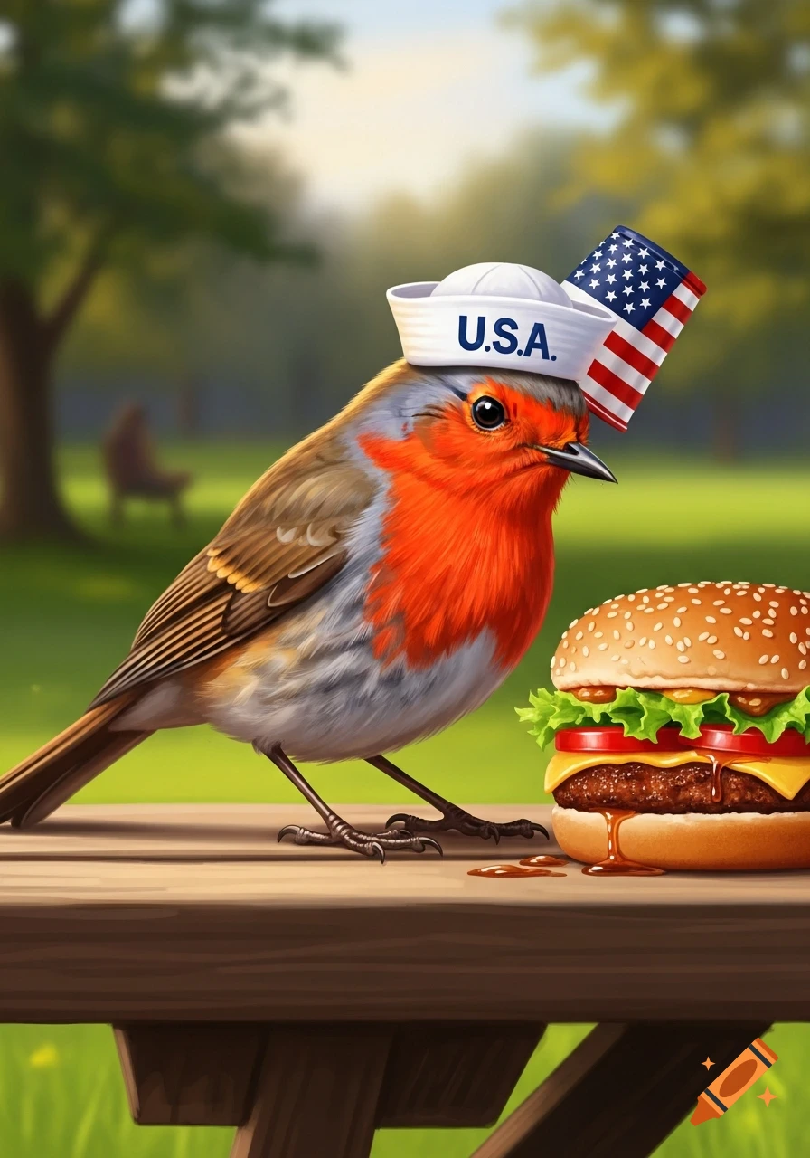 A photorealistic red robin wearing a white sailor hat with "U.S.A." and a small American flag stands on a picnic table next to a hamburger.