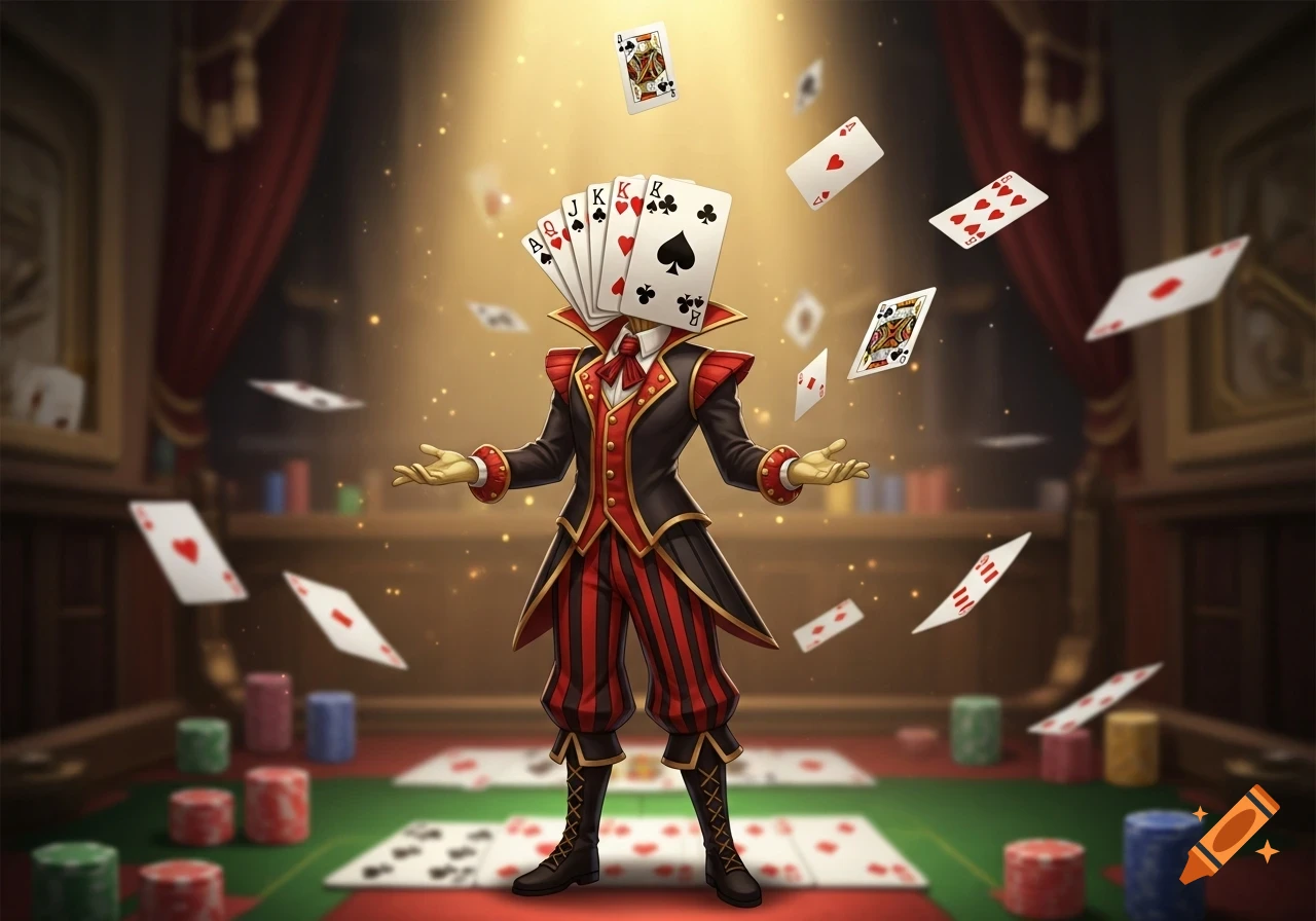 A stylized character with a head made of fanned playing cards, wearing a red and black suit, surrounded by floating cards and casino chips.