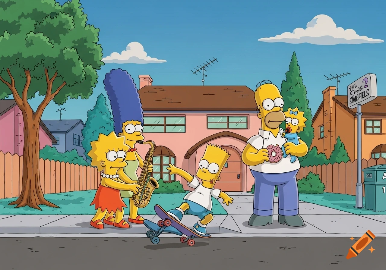 The Simpsons family outside their house: Lisa plays saxophone, Bart skateboards, Marge watches, and Homer holds Maggie.