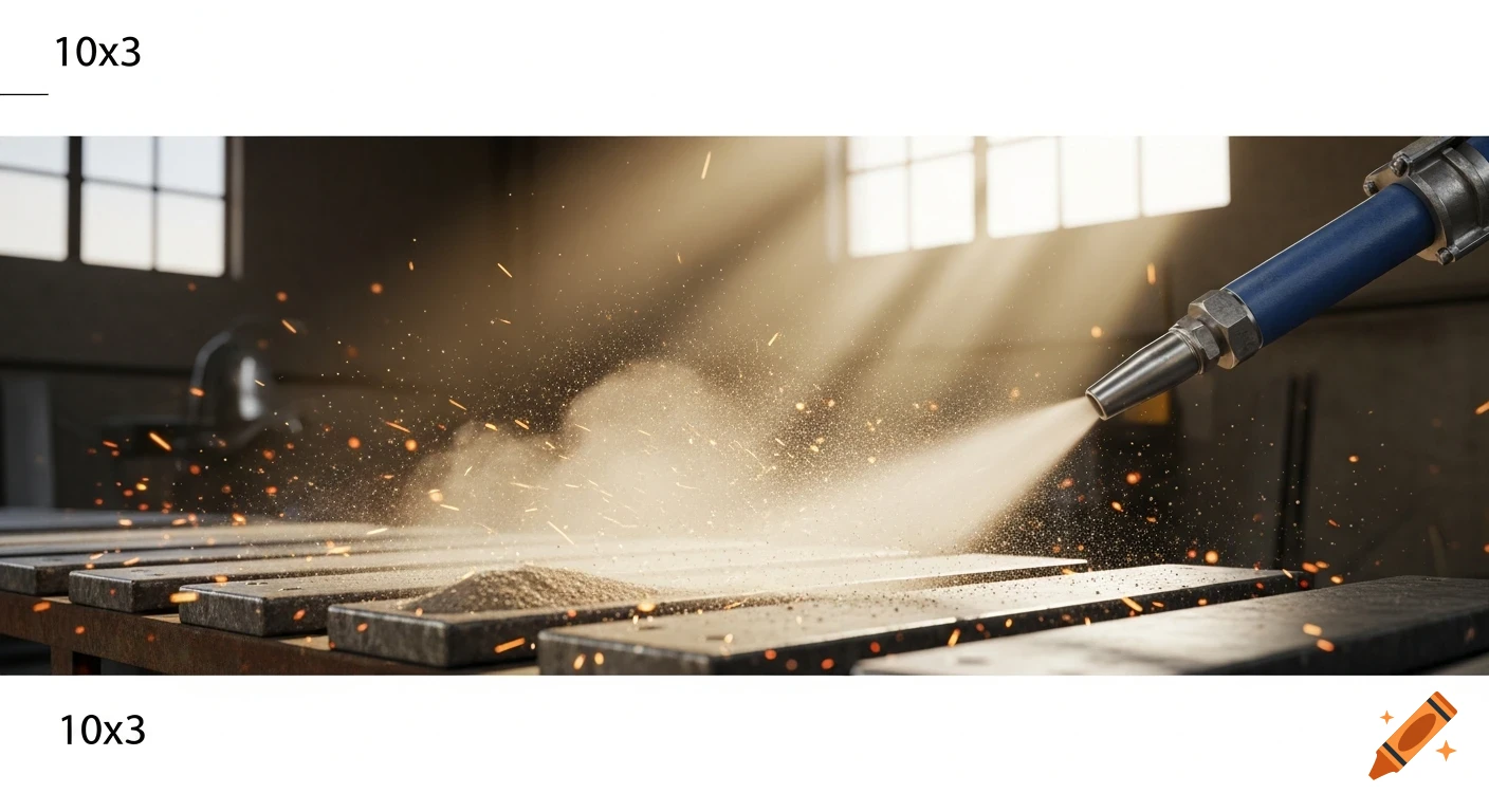 A sandblasting nozzle sprays abrasive material onto a metal surface, generating sparks and dust in a sunlit workshop.