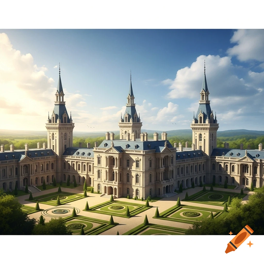 A grand palace with three prominent spired towers, featuring formal gardens and surrounding green fields under a clear blue sky.