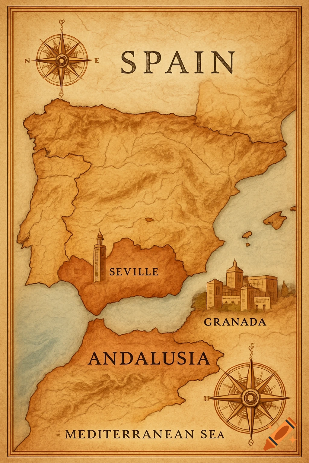 Vintage map of Spain and Andalusia, showing Seville, Granada, and the Mediterranean Sea with compass roses.