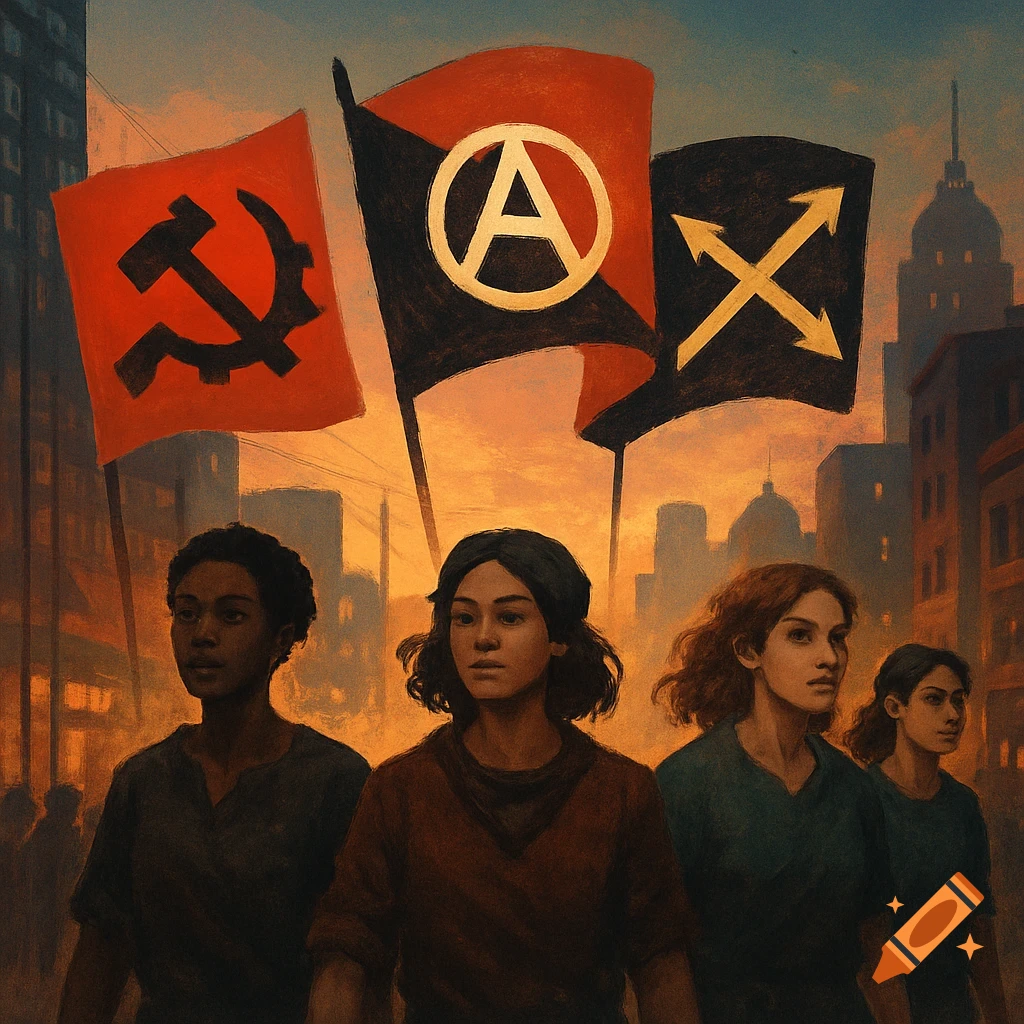 Four women with serious expressions march forward, holding flags with a hammer and gear, an anarchy symbol, and crossed arrows, under a sunset sky in a city, in a painterly style.