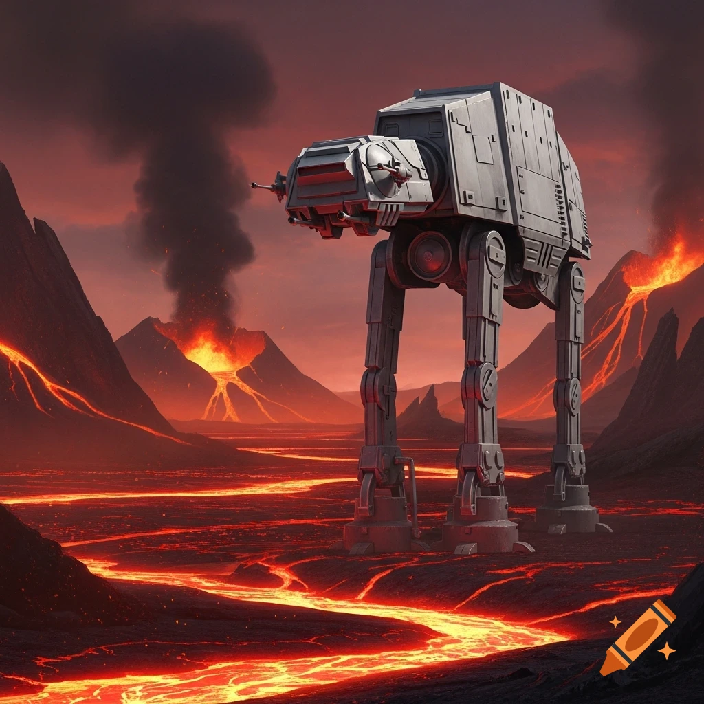 An AT-AT walker stands on a volcanic planet with rivers of glowing lava and erupting volcanoes under a red sky.