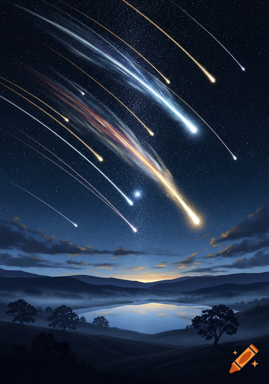 A vibrant meteor shower illuminates a dark night sky over a serene lake, framed by mountains and trees at dusk.