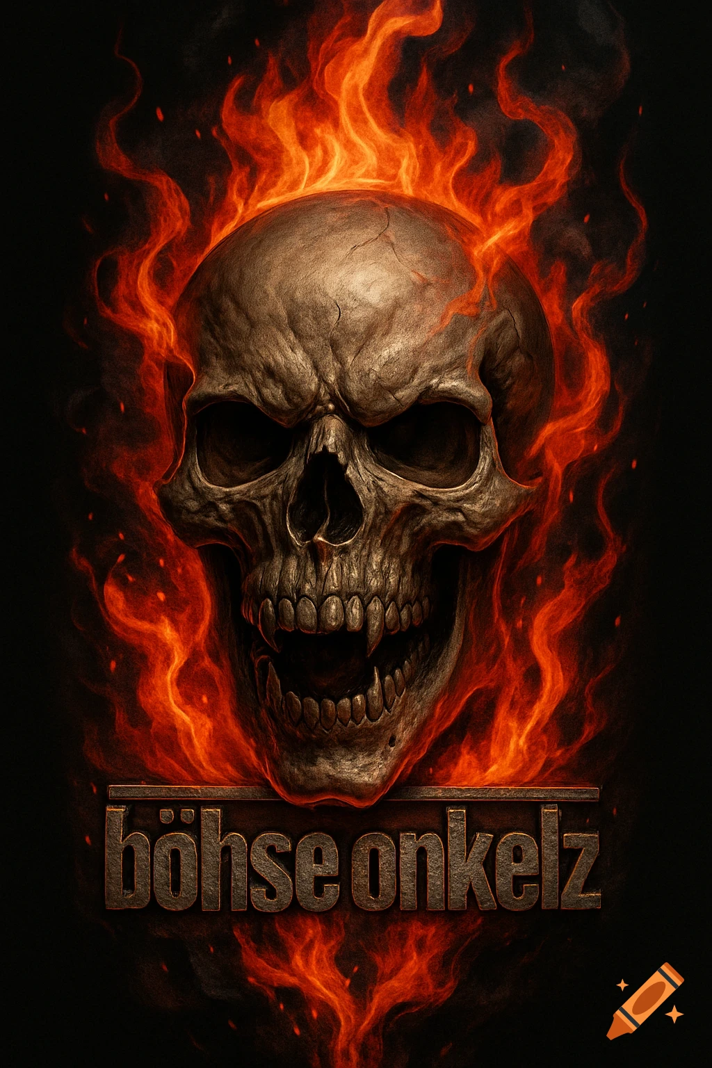 An aggressive, highly detailed human skull with fangs engulfed in vibrant orange flames against a black background. The text "b r ohse onkelz" is at the bottom in a burned metal style.