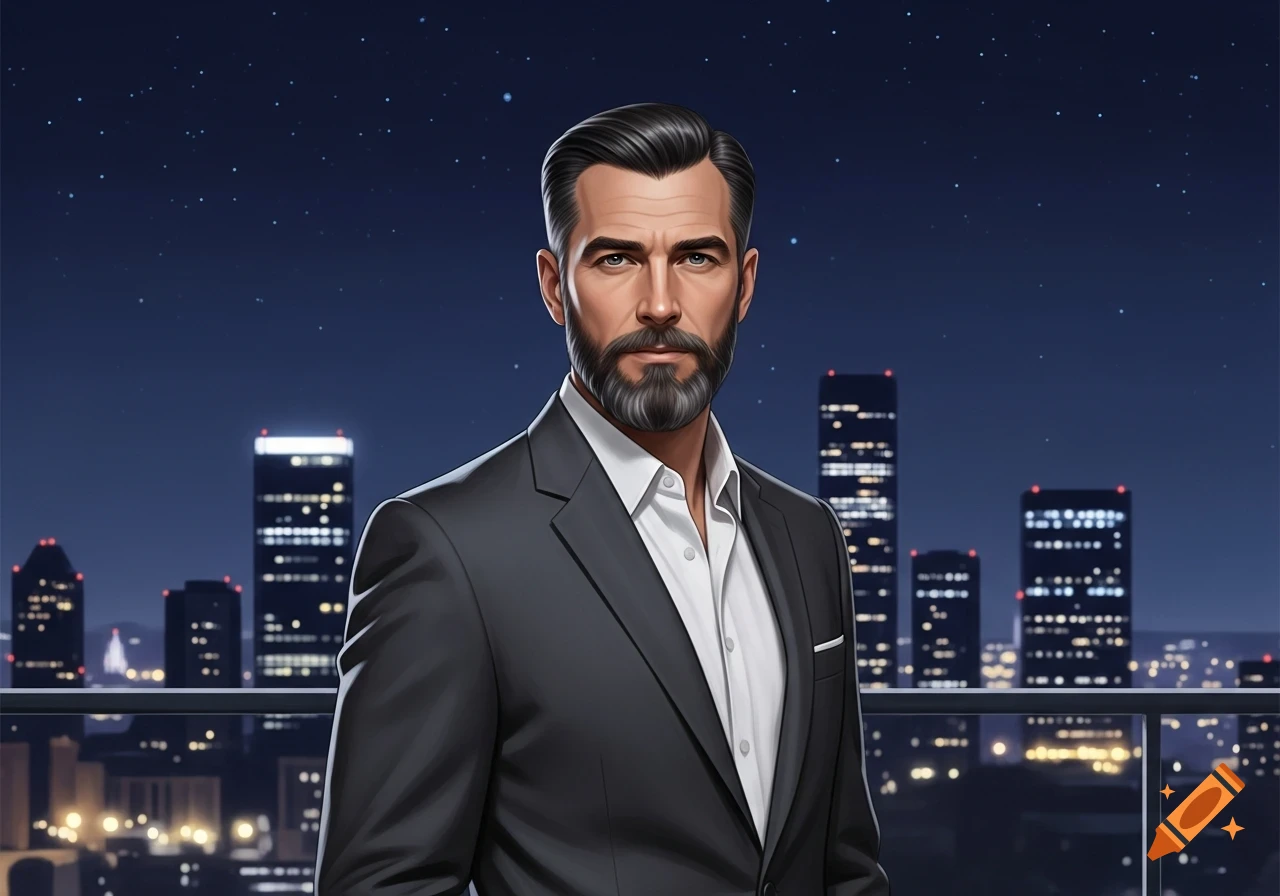 A distinguished man with a dark beard and slicked-back hair, wearing a suit and white shirt, stands on a balcony overlooking a city skyline at night.