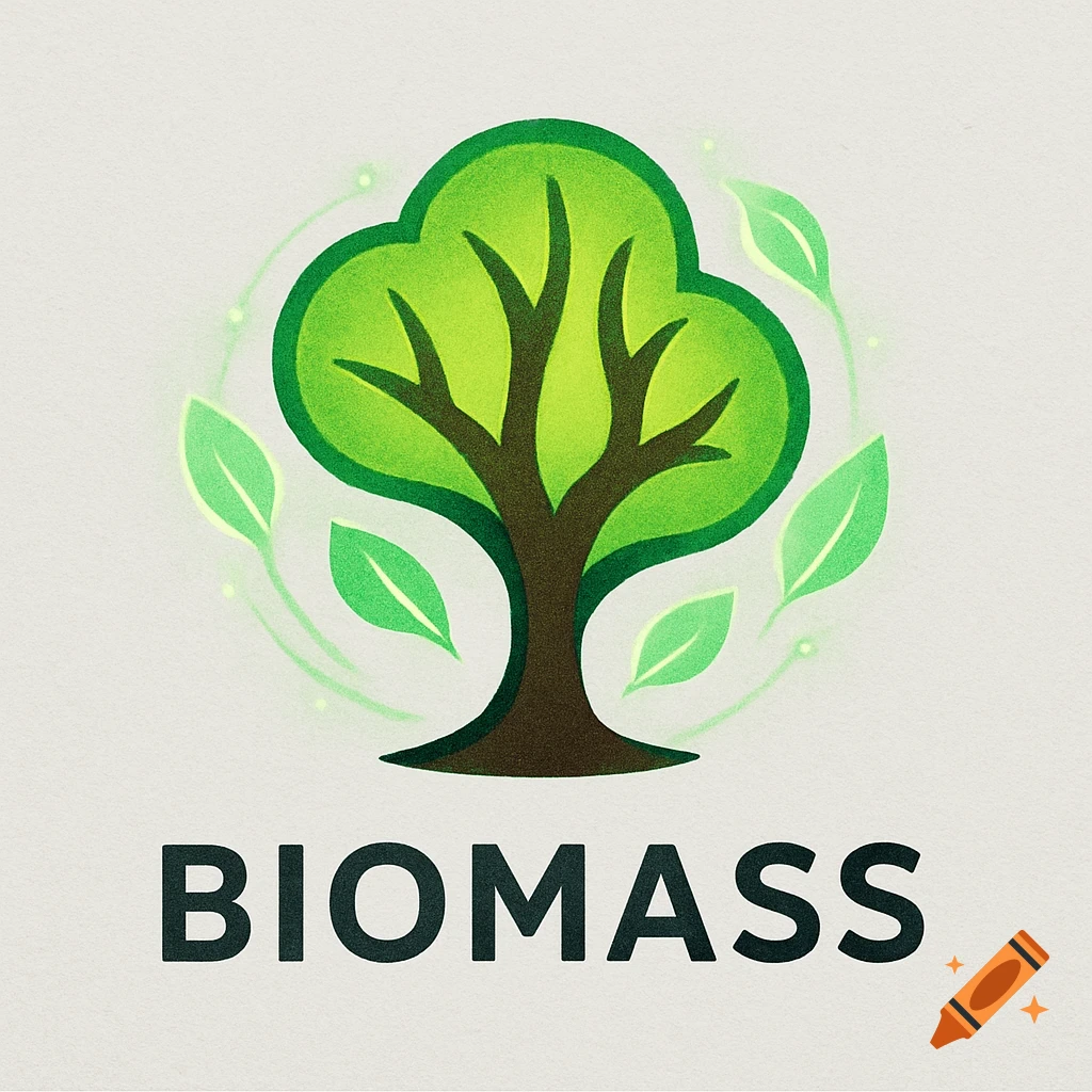 A vibrant green stylized tree logo with swirling leaves, above the word 'BIOMASS' on a light textured background.