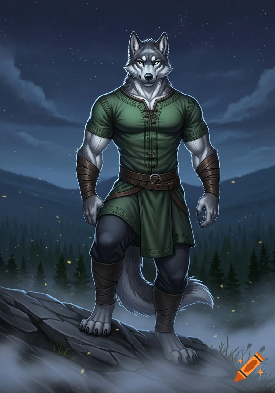 Muscular male anthropomorphic wolf in a green tunic stands on a rocky outcrop in a misty, starry forest night, digital art.