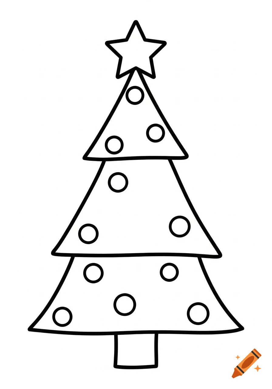 A simple coloring page of a Christmas tree with three sections, round ornaments, a star on top, and thick black outlines on a white background.