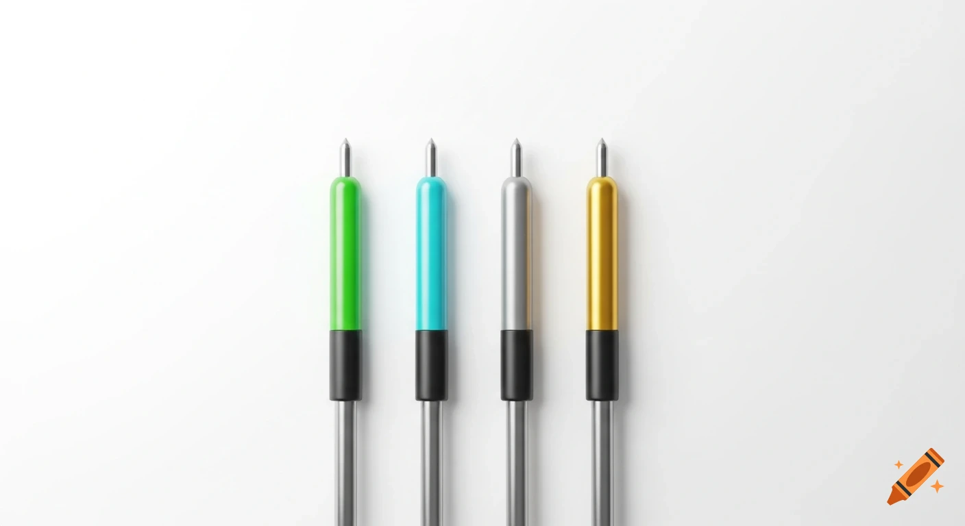Four colorful pointed tools, green, turquoise, silver, and gold, stand upright against a clean white background.