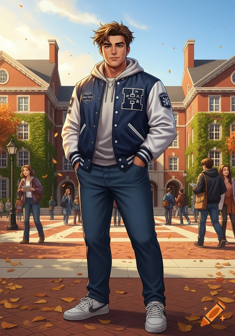 Anime illustration of a young man in a varsity jacket, hoodie, jeans, and sneakers standing on a college campus in autumn.