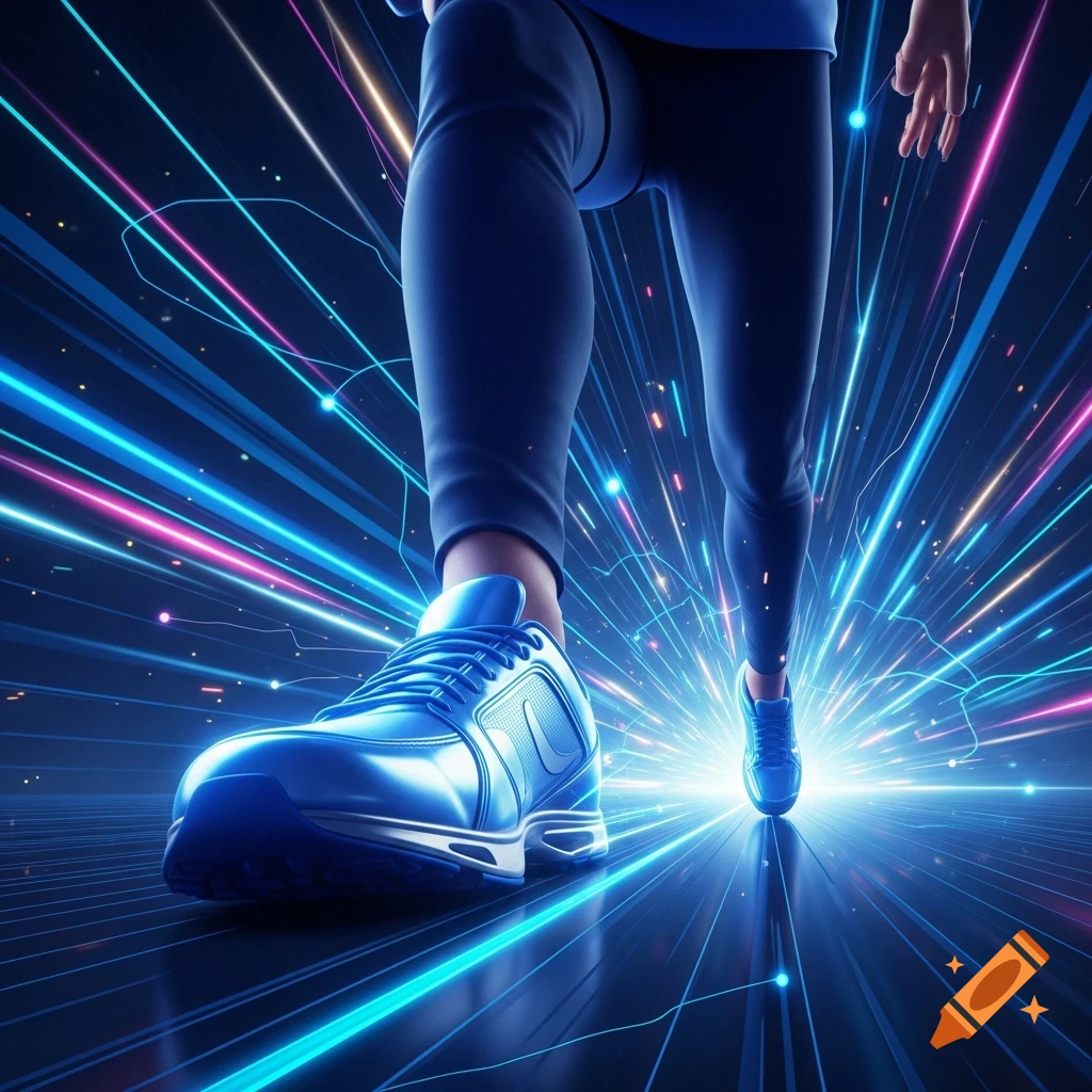 Low-angle view of a person in blue athletic wear and shiny blue sneakers running amidst bright blue and pink neon light trails.