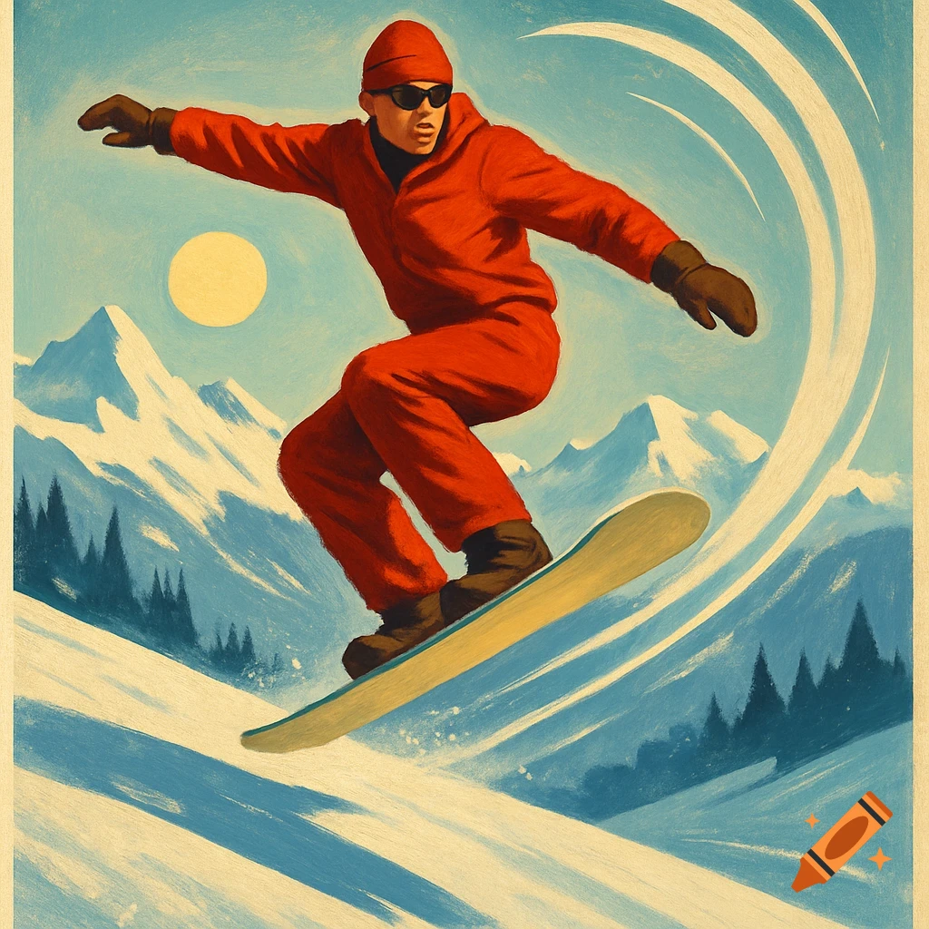 A retro poster art illustration of a snowboarder in a red suit and sunglasses, speeding down a snowy mountain with peaks and sun.