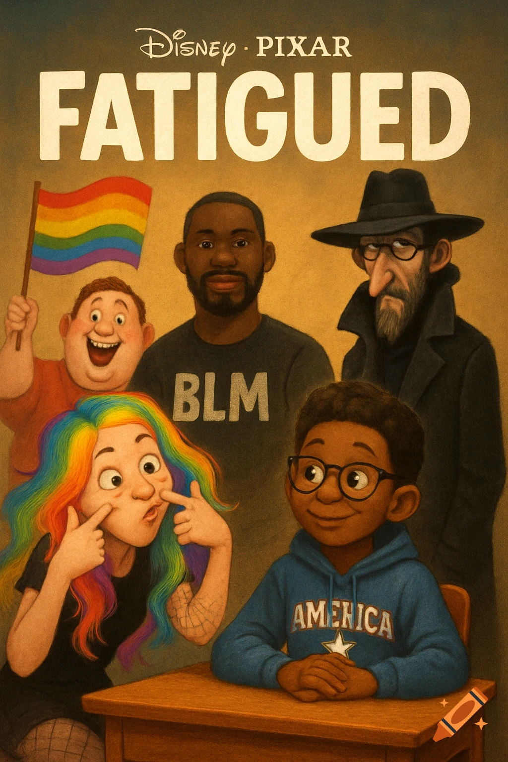 Cartoon movie poster titled 'FATIGUED' featuring diverse characters: a man in a BLM shirt, a rainbow-haired woman, a child in an America hoodie, and others.
