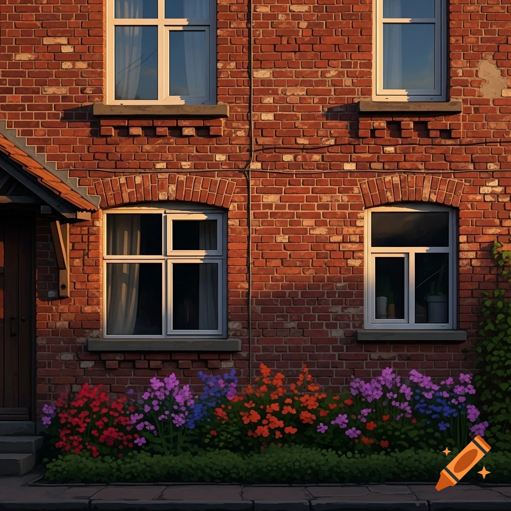 A brick building facade with multiple windows and a colorful flower bed at its base, rendered in a somewhat painterly style.