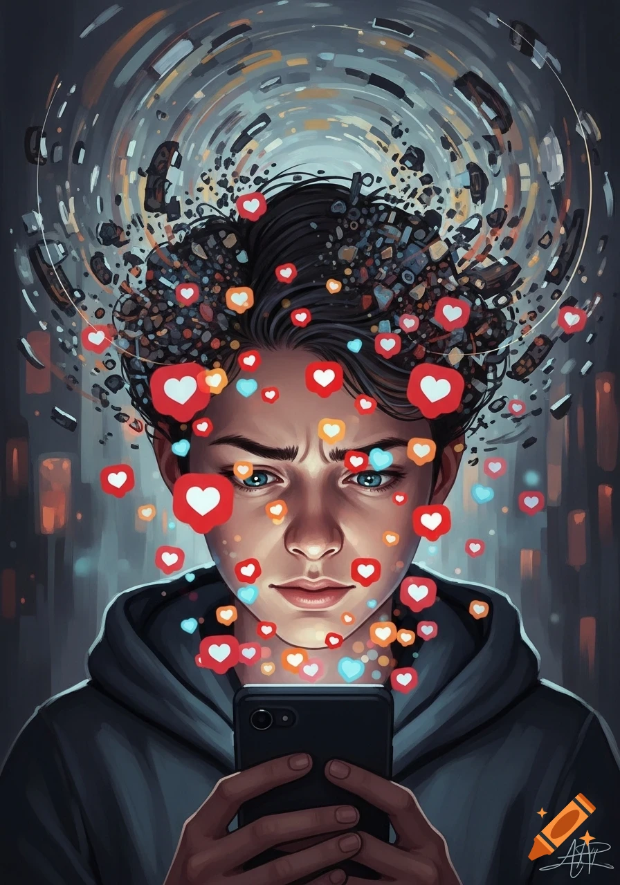 A stylized portrait of a person looking at a smartphone, with glowing heart likes and abstract shapes around their head.