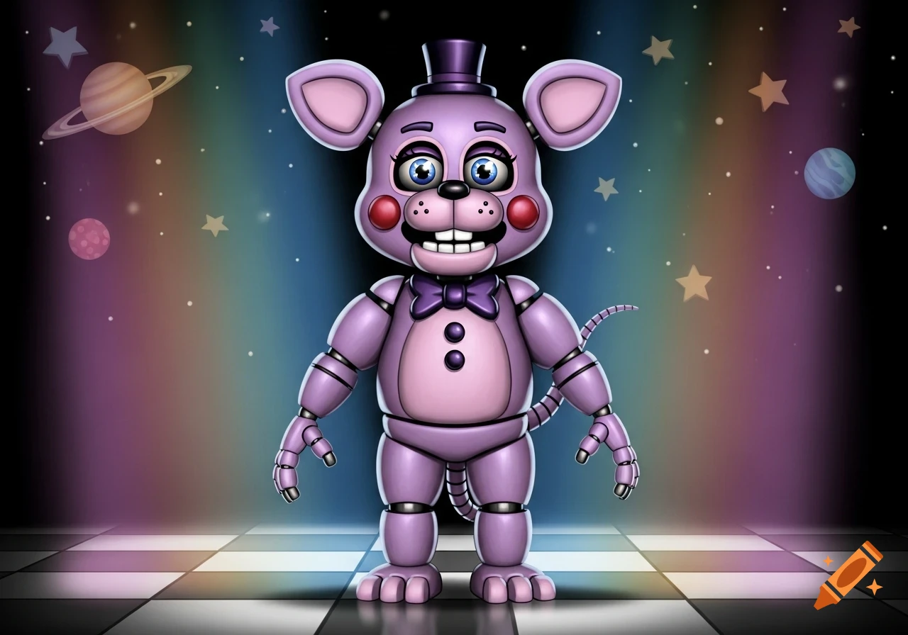 Friendly lavender animatronic mouse in a top hat and bowtie stands on a checkered floor against a space-themed background.