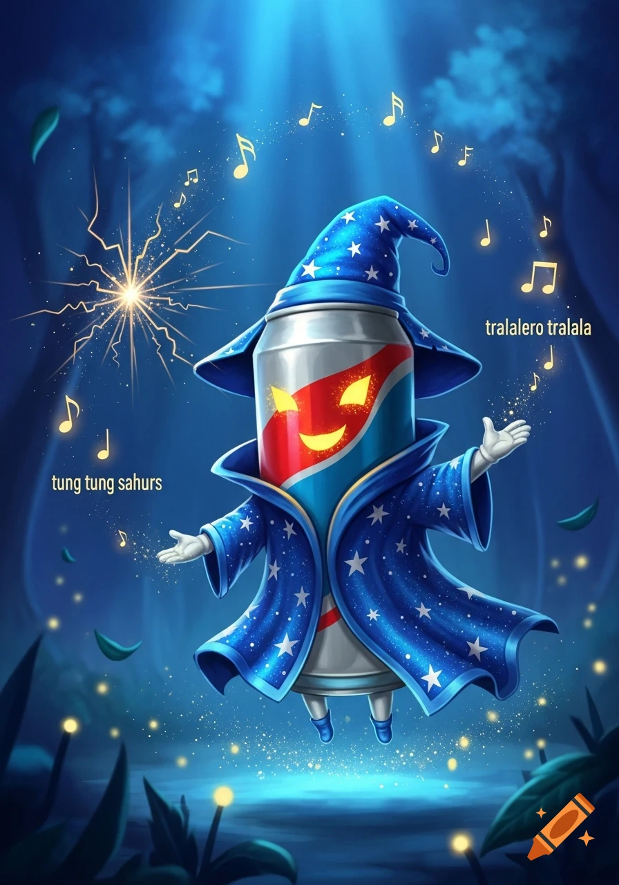 A whimsical soda can wizard in a blue, star-covered robe casts a spell with glowing musical notes and text in a dark, enchanted forest.