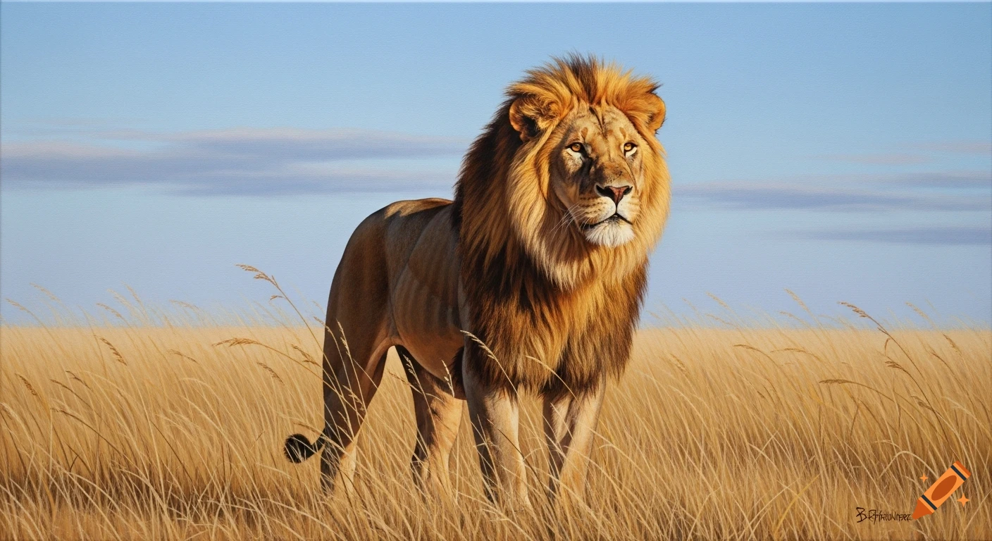 A majestic lion with a thick golden mane stands in tall grass in the African savanna under a clear blue sky, realistic painting.