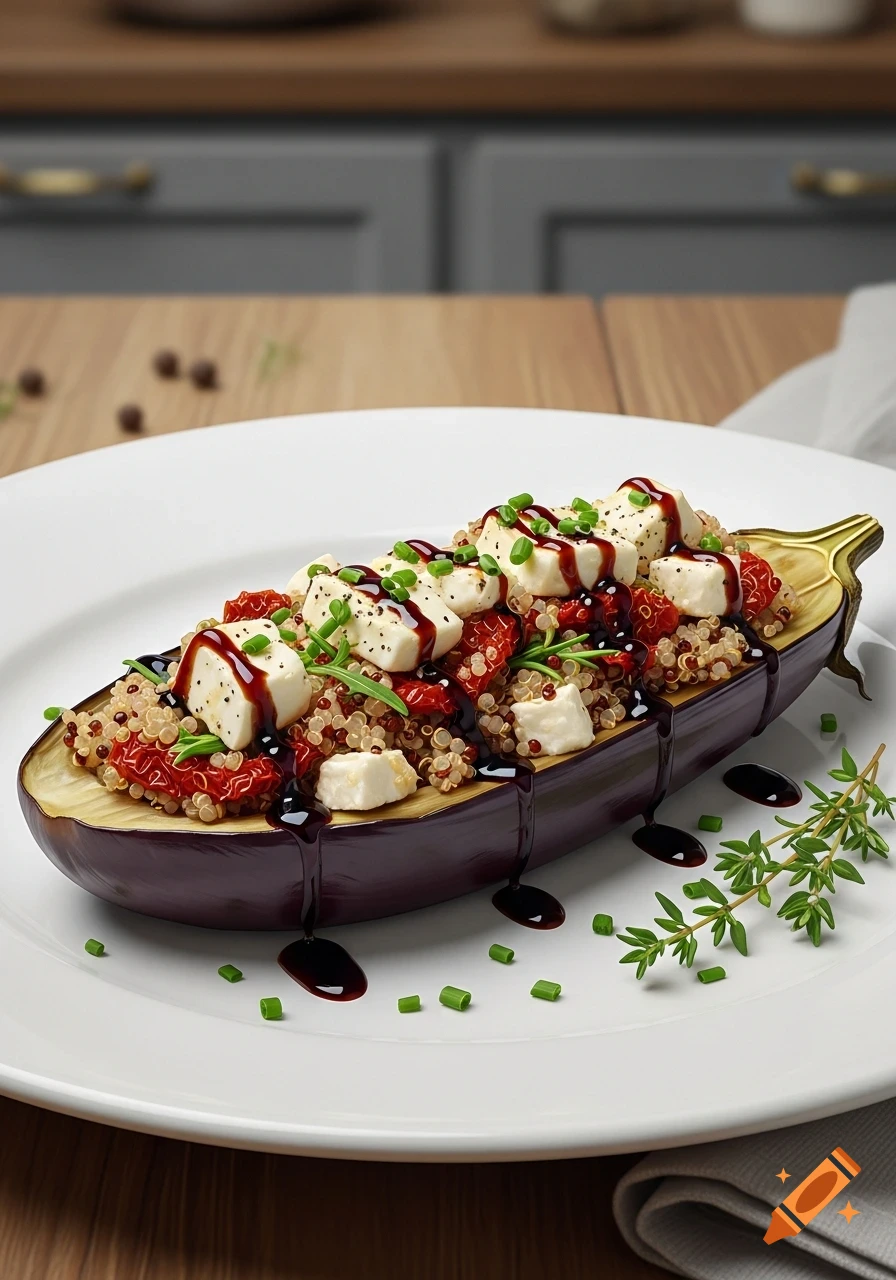 Photorealistic image of a halved eggplant stuffed with quinoa, sun-dried tomatoes, and cheese, drizzled with balsamic glaze on a white plate.