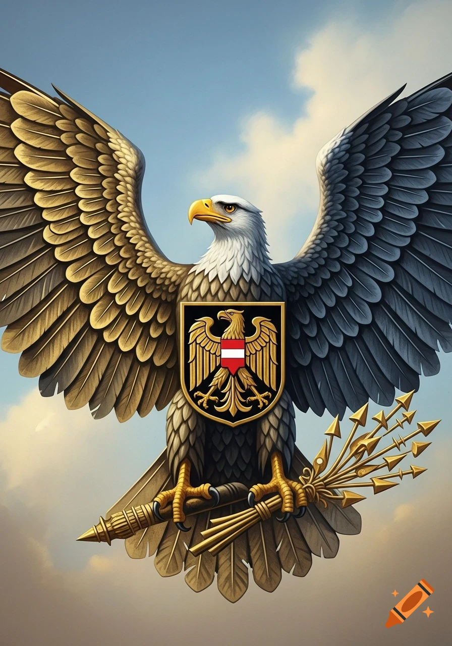 A majestic eagle with golden and gray wings outstretched, holding a heraldic shield and bundles of arrows against a cloudy sky.