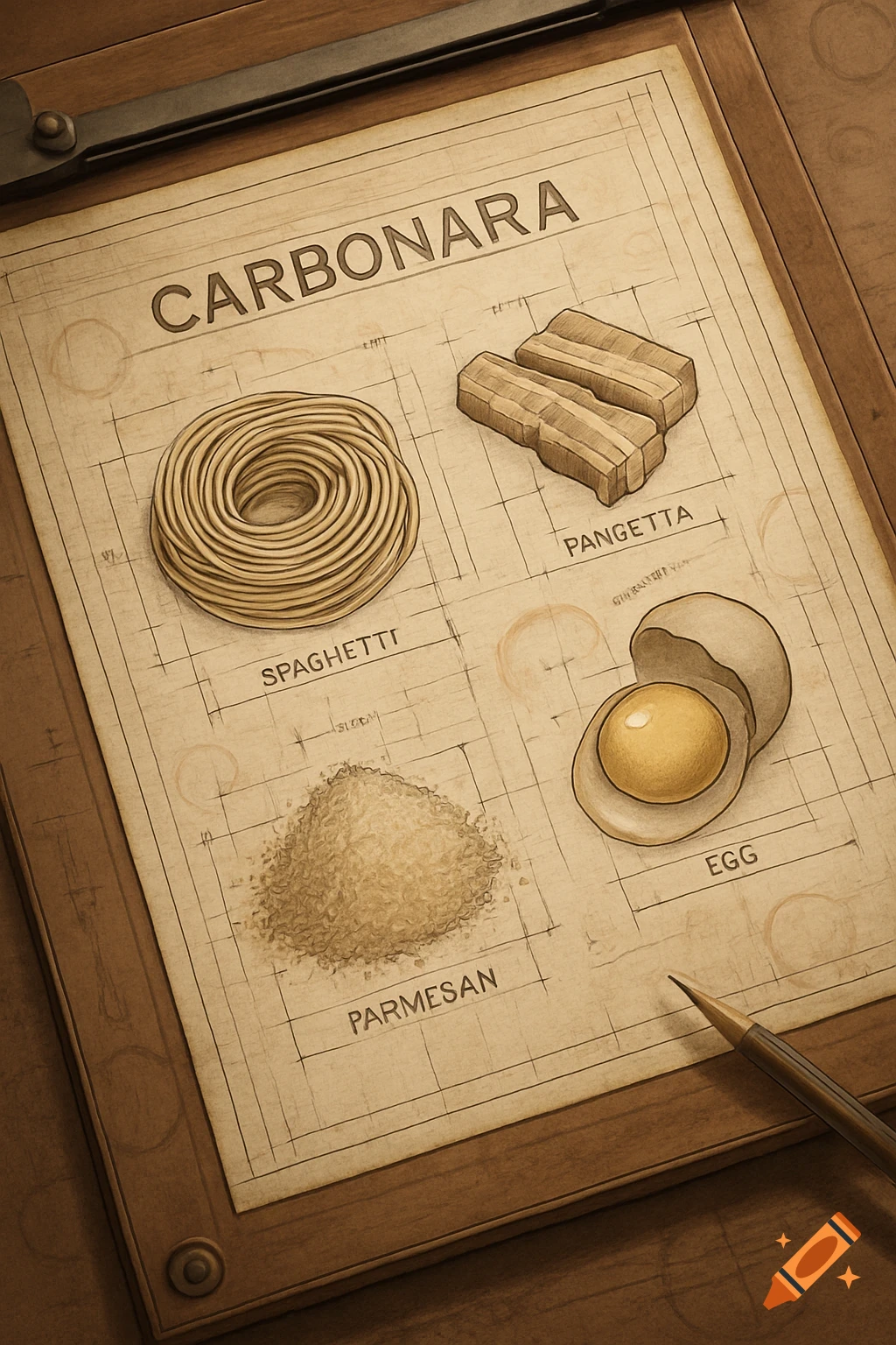 A stylized blueprint illustration on a wooden board shows carbonara ingredients: coiled spaghetti, blocks of pancetta, a pile of parmesan, and a cracked egg.