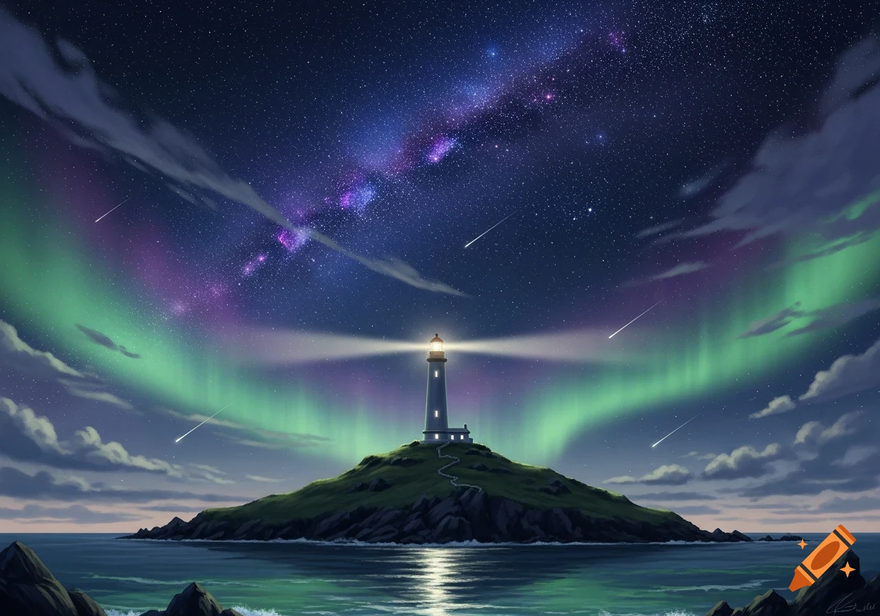 A lighthouse on a green island under a vibrant celestial night sky with aurora and shooting stars, reflecting on the ocean.