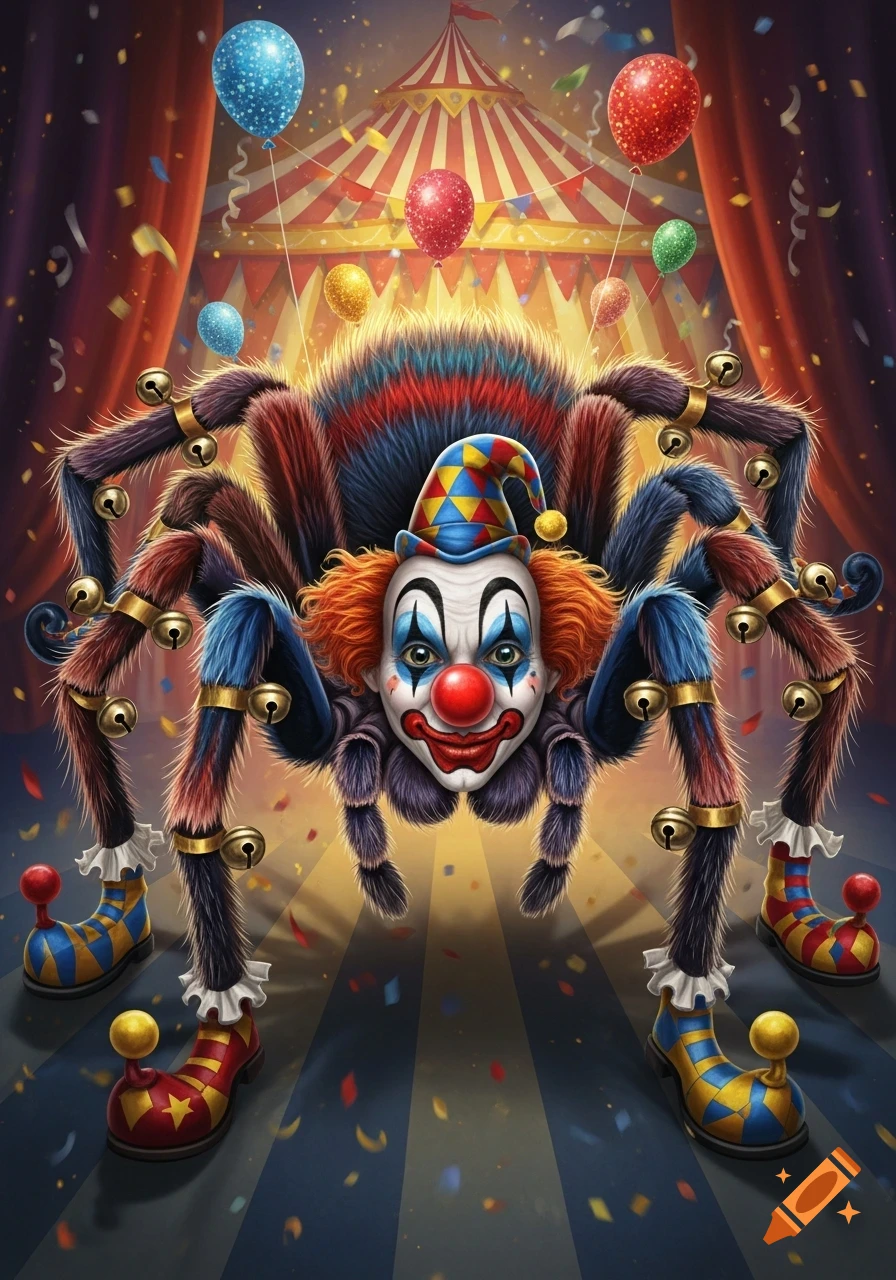 A colorful spider with a clown face, pointed hat, and clown shoes stands in a circus tent with balloons and confetti, in an illustrative style.