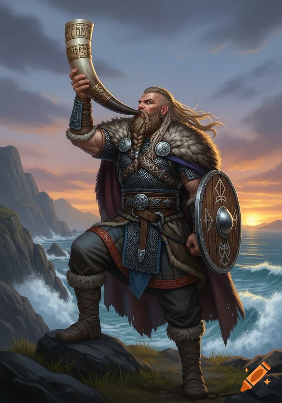 A powerful Viking warrior in armor and fur stands on a rocky coast, blowing a decorated horn at sunset.