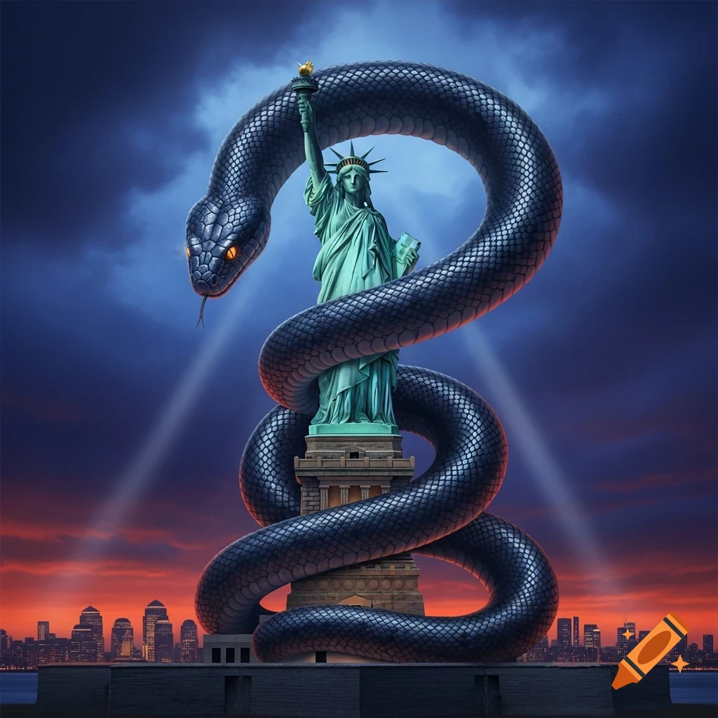The Statue of Liberty is tightly coiled by a large, dark snake with glowing orange eyes, set against a dramatic, stormy sky and a city skyline at dusk.