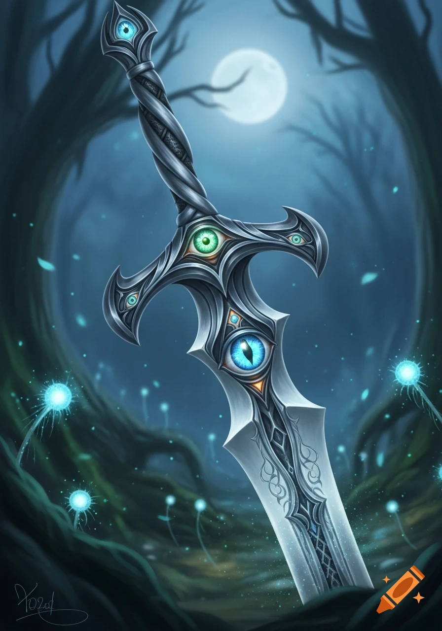 A detailed fantasy sword with eyes embedded in its hilt and guard, glowing in a mystical forest under a full moon.
