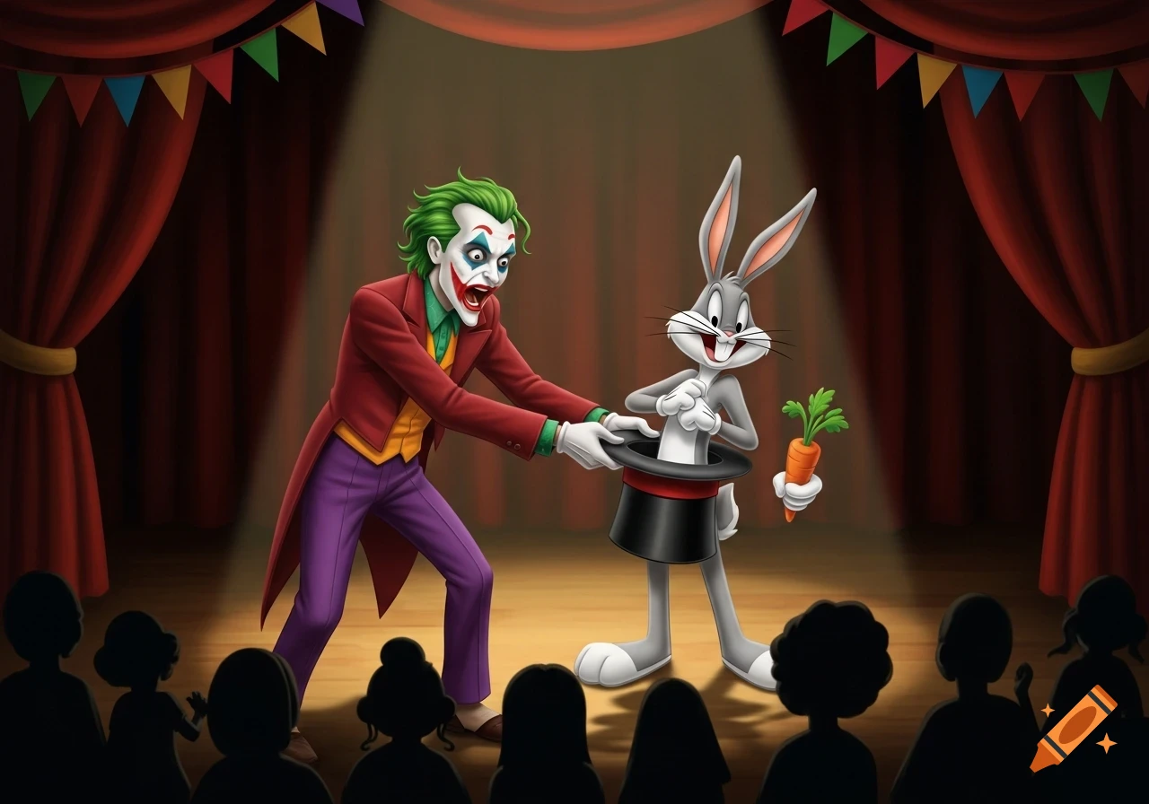 A cartoon Joker, horrified, pulls a smug Bugs Bunny holding a carrot out of a top hat on a stage with red curtains and an audience.