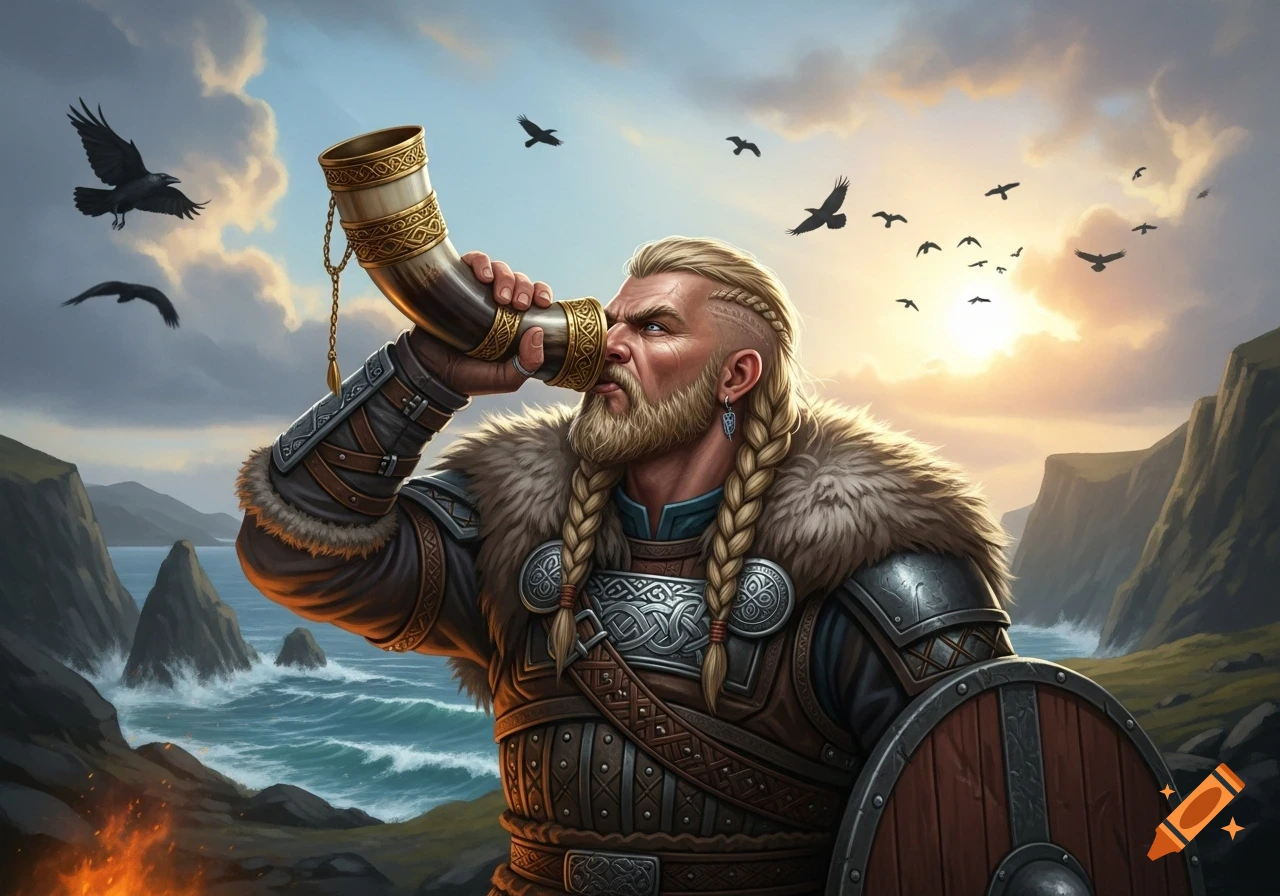A Viking warrior with braided beard and armor blows a decorative horn by a rugged coast at sunset, with ravens flying.