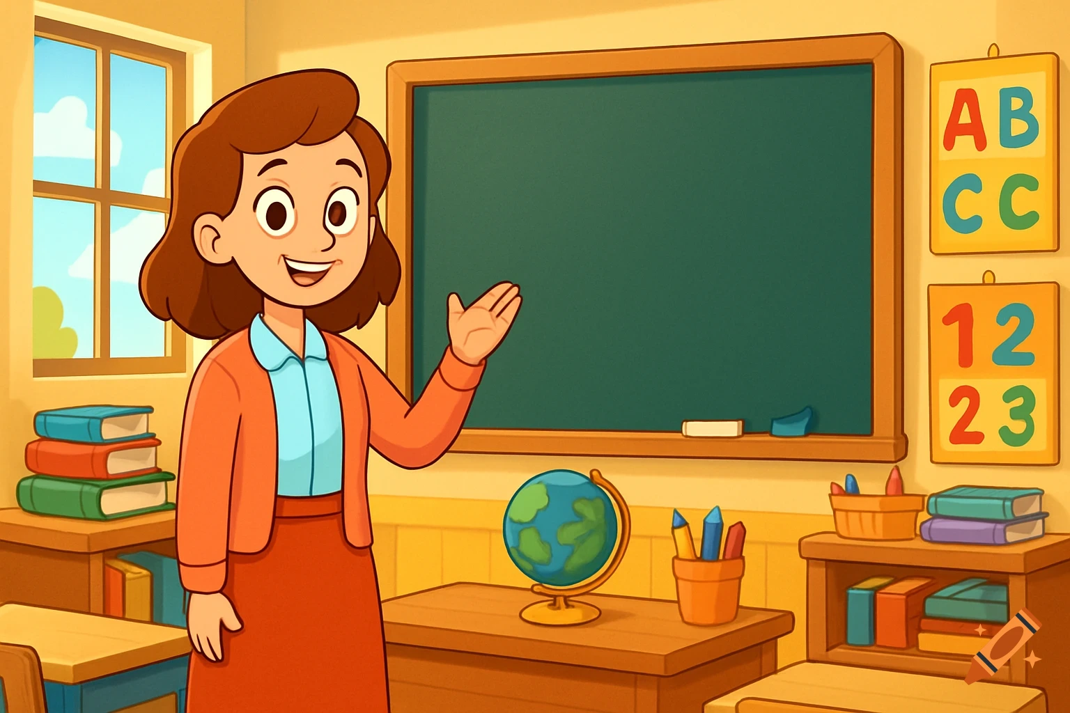 Cartoon female teacher in an elementary school classroom with a blackboard, globe, and learning posters.