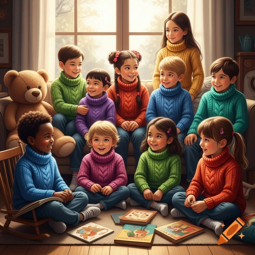 A diverse group of smiling children and one young adult in colorful sweaters reading books together in a cozy living room, photorealistic style.