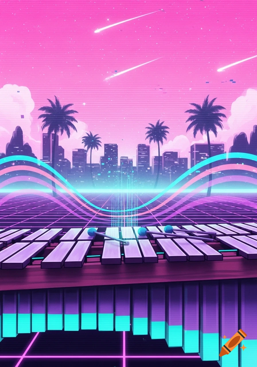Vaporwave cityscape with palm trees under a pink sky with shooting stars, a neon grid, and a marimba with glowing bars.