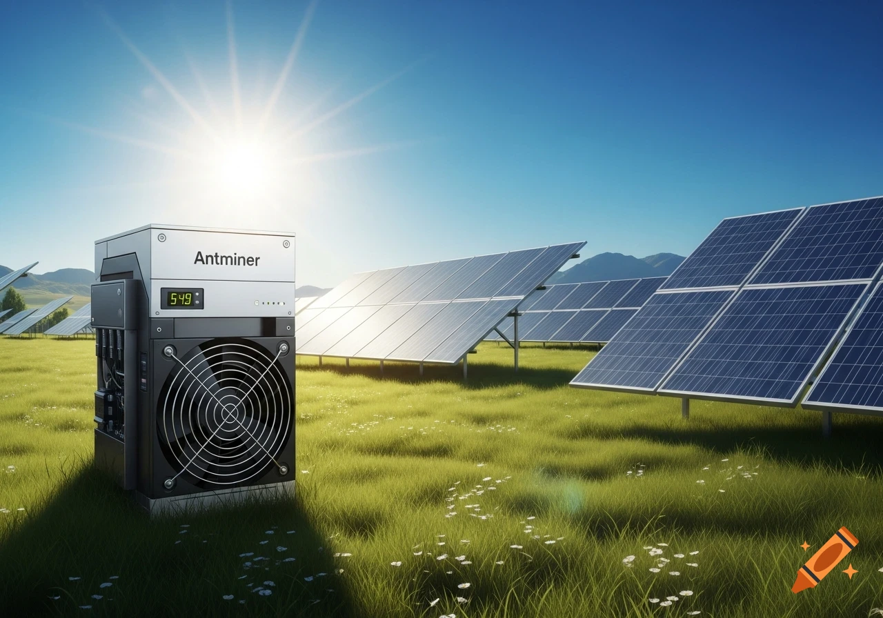 A photorealistic Antminer cryptocurrency mining rig sits in a grassy field, powered by solar panels under a bright sun and blue sky.