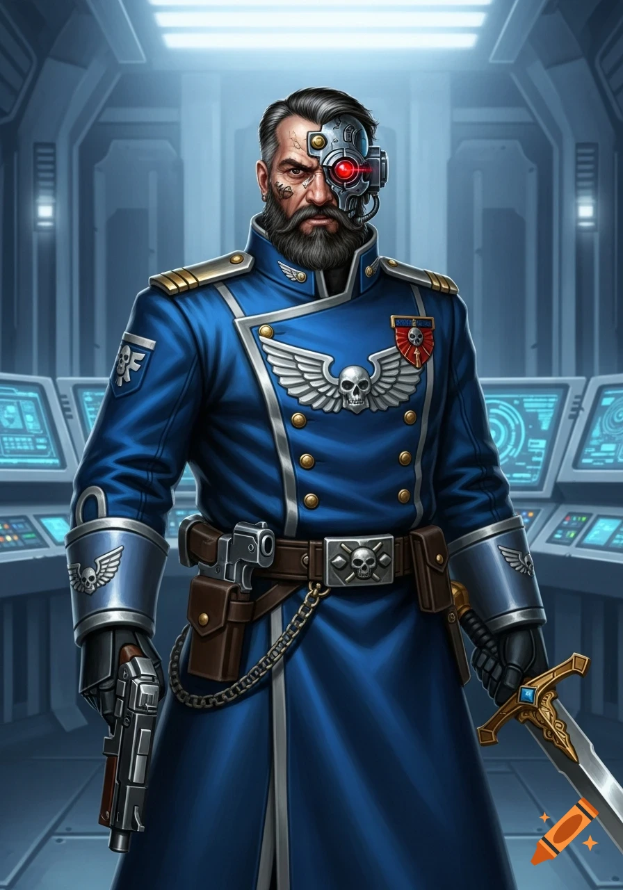 A detailed illustration of a Warhammer 40k naval officer in a blue uniform, with a cybernetic eye, holding a pistol and sword.