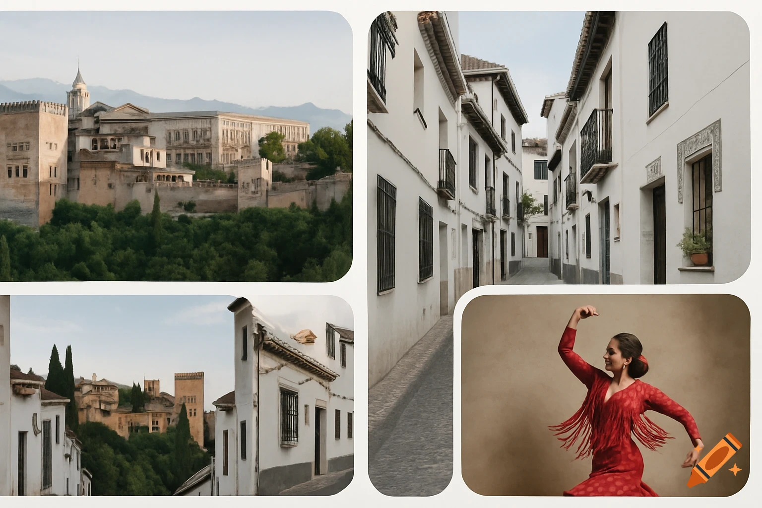 A modern photo collage featuring the Alhambra, narrow white streets of Albaicín, and a flamenco dancer in a red fringed dress.
