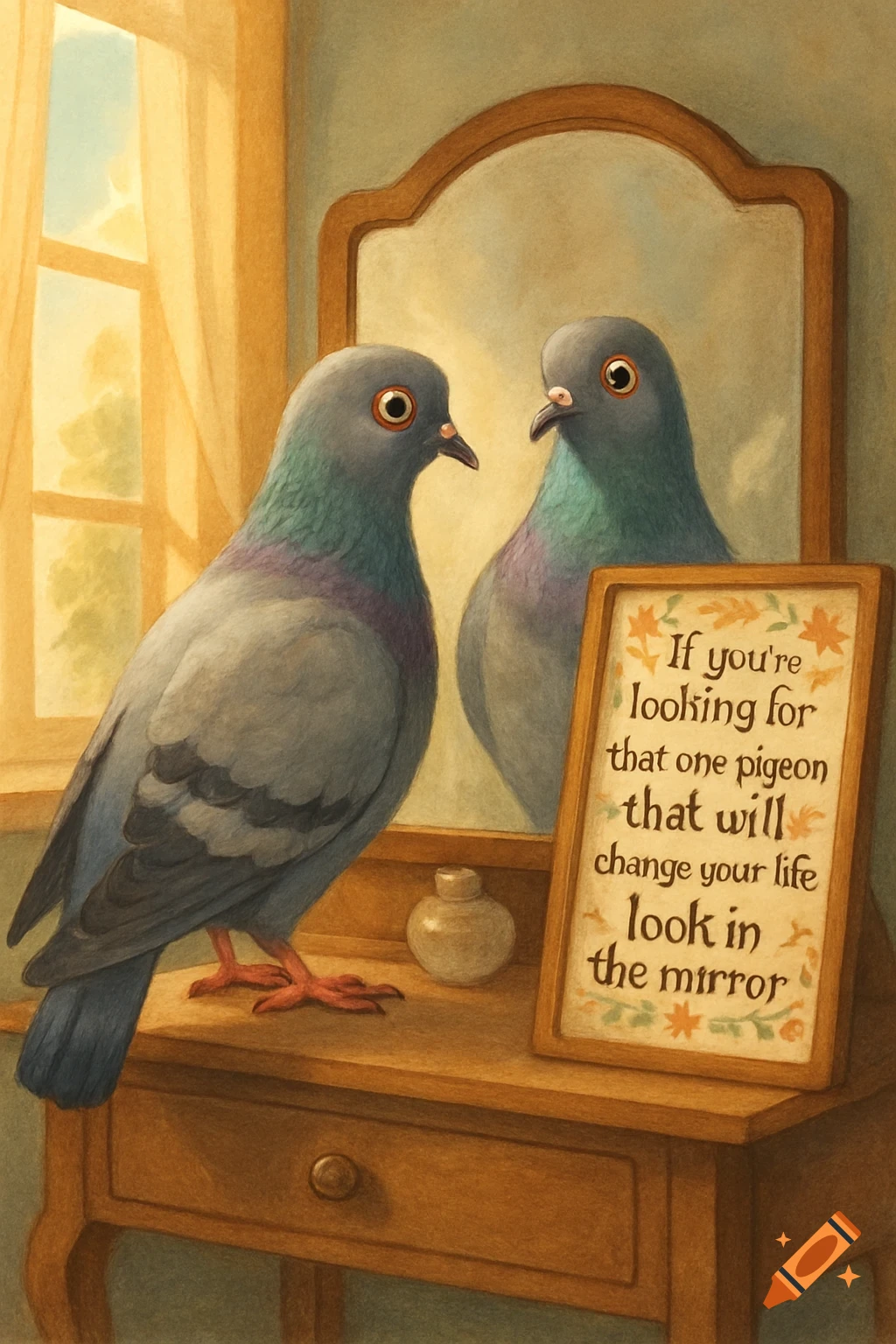 A stylized pigeon stands on a wooden dresser looking into a mirror. A framed sign on the dresser reads, "If you're looking for that one pigeon that will change your life look in the mirror."