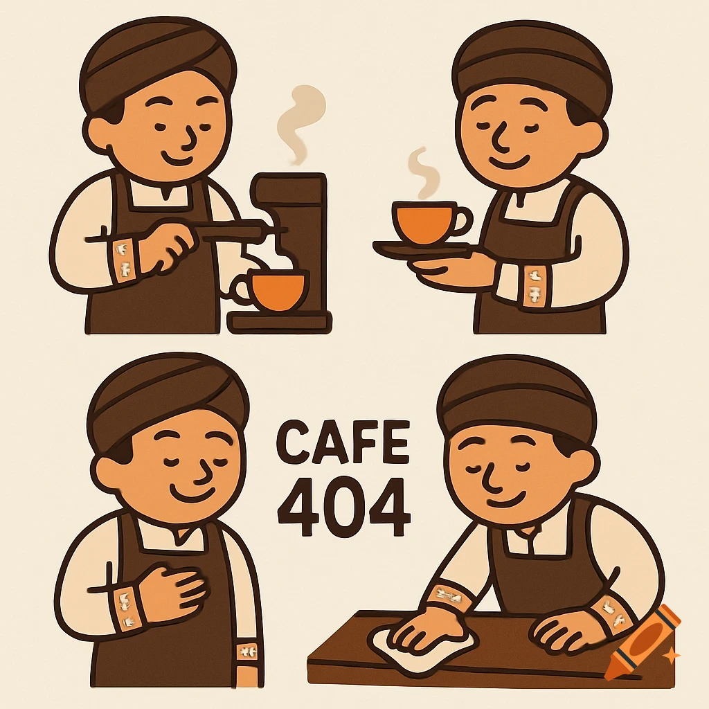 Four-panel minimalist cartoon illustration of a friendly barista at "CAFE 404" making coffee, serving, welcoming, and cleaning.