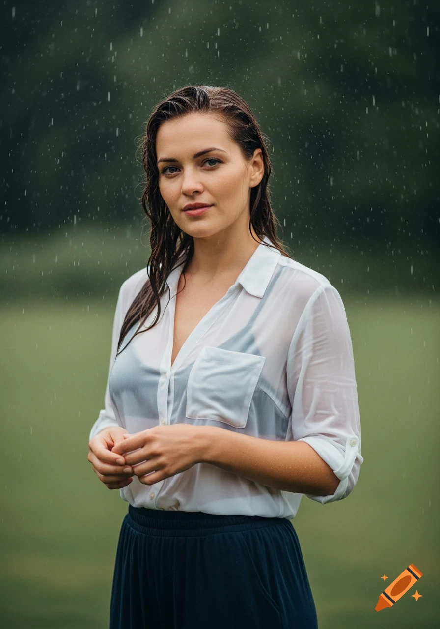 A woman with wet hair and a translucent white shirt over a black bra stands in the rain, looking at the camera.